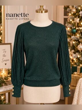 Nanette Lepore Green Shimmer Pleated Sleeve Sweater Gold Buttons Size L